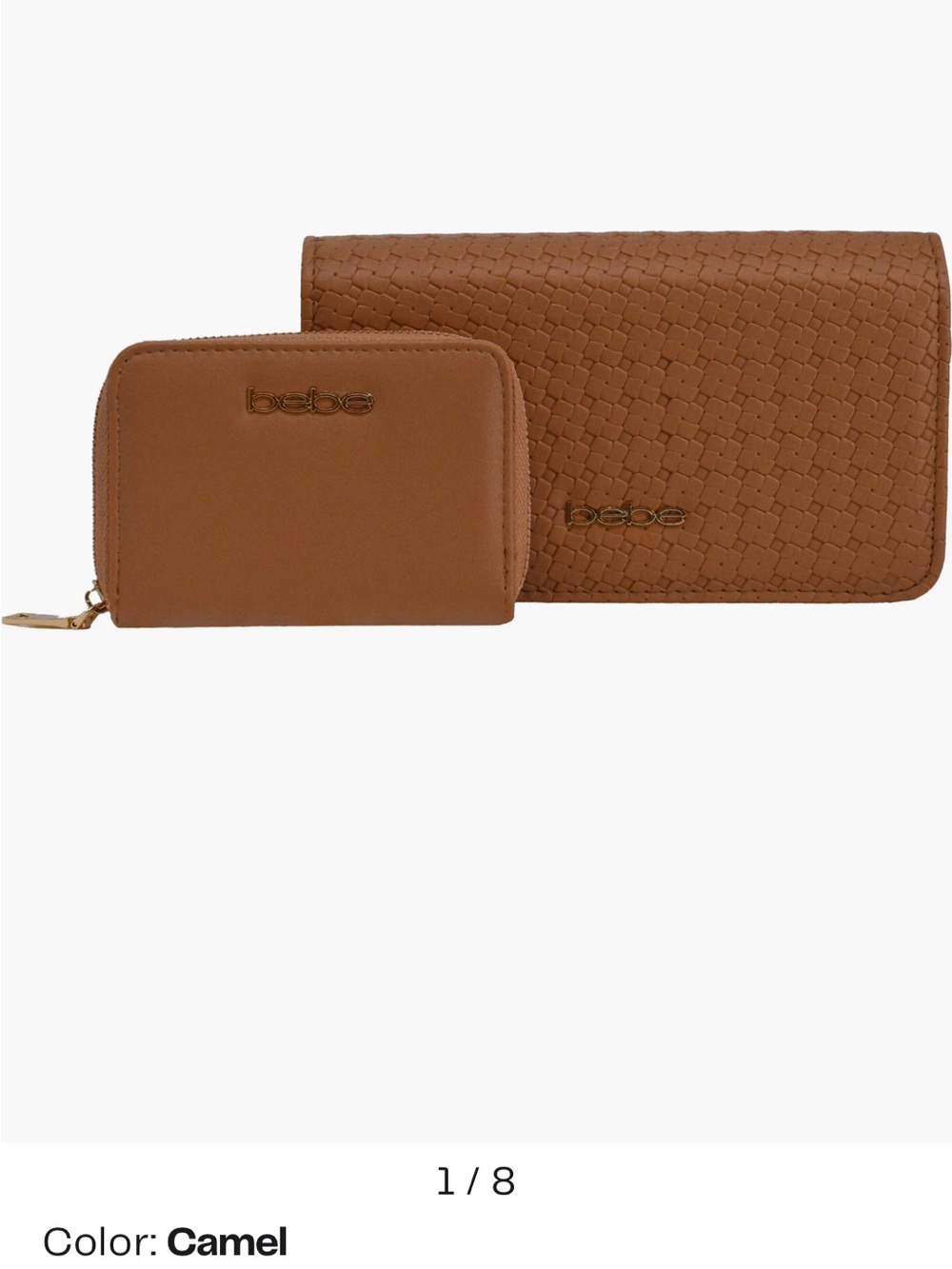 bebe Camel Woven crossbody Clutch & Zip Card Wallet Set and includes charm